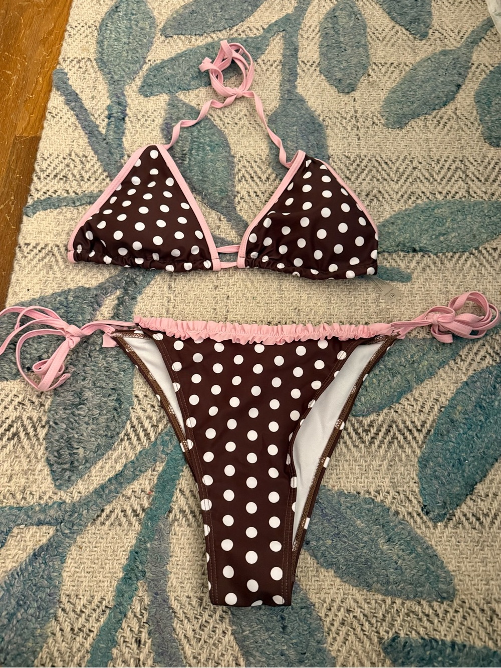 Fashion Nova Brown Polka Dot Bikini with Pink Trim